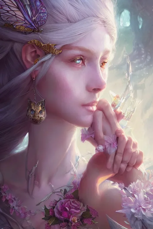 Image similar to fairy princess, highly detailed, d & d, fantasy, highly detailed, digital painting, trending on artstation, concept art, sharp focus, illustration, art by artgerm and greg rutkowski and magali villeneuve