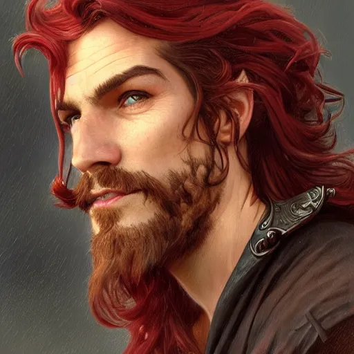 Image similar to portrait of a young ruggedly handsome but joyful pirate, male, masculine, upper body, deep crimson hair, long hair, d & d, fantasy, roguish smirk, intricate, elegant, highly detailed, digital painting, artstation, concept art, matte, sharp focus, illustration, art by artgerm and greg rutkowski and alphonse mucha