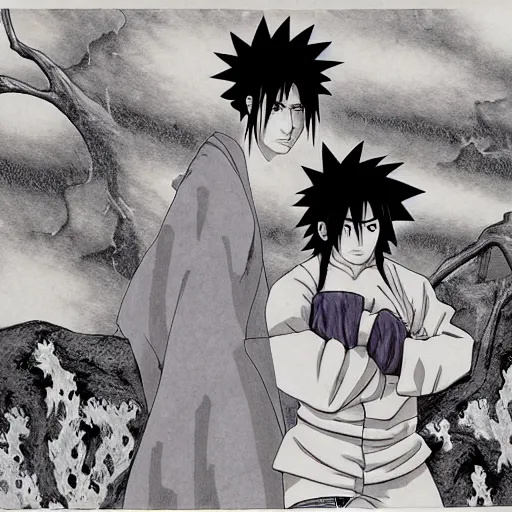 Image similar to Sasuke and Frank Zappa save Naruto manga panel award winning black and white art by Frank Zappa and Kishimoto highly detailed pen and ink matte painting