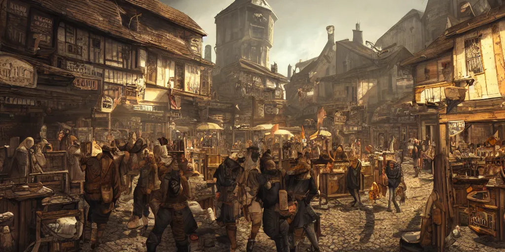 Image similar to a busy marketplace full of merchants in an old medieval town, fallout style, fantasy apocalypse, digital art, 4 k,