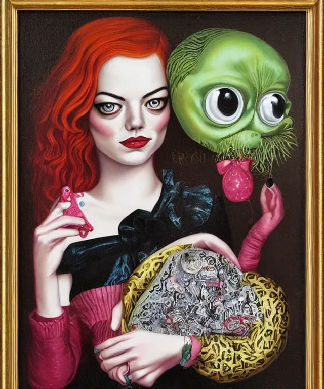 Image similar to portrait of Emma Stone in wonderland, lowbrow painting by Mark Ryden