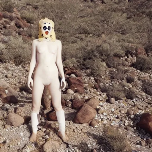 Image similar to The full body shot of beautiful pale woman with white flowers and full-face golden occult mask and antlers in a rocky desert landscape, multiple eyes by Denis Villeneuve, Lubezki, Gaspar Noe and Christopher Doyle, anamorphic lens, anamorphic lens flares, kodakchrome, cinematic composition, practical effects, award winning photo, 8k, detailed 85mm f/1.4