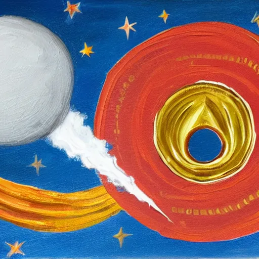 Prompt: a painting of a giant coin connected to a rocket shooting towards the moon