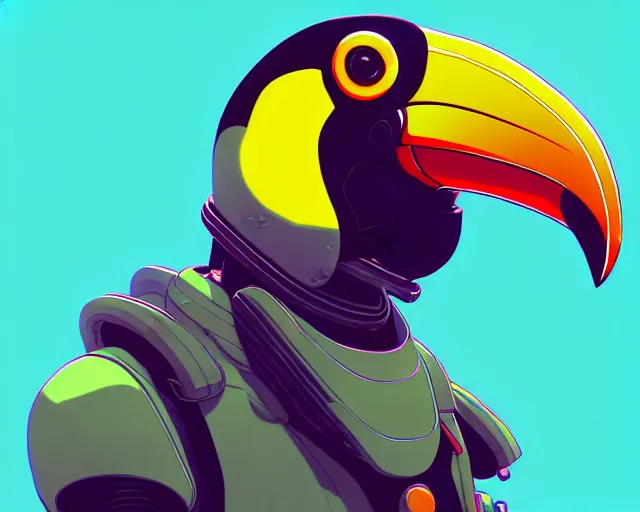 Image similar to a study of cell shaded cartoon of a toucan piloting a mech, illustration, wide shot, subtle colors, post grunge, concept art by josan gonzales and wlop, by james jean, Victo ngai, David Rubín, Mike Mignola, Laurie Greasley, highly detailed, sharp focus, alien, Trending on Artstation, HQ, deviantart, art by artgem