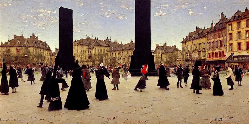 Image similar to people dancing around a black obelisk, old square in a beautiful town, high details, by leon augustin lhermitte