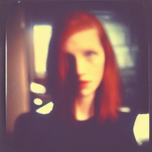 Prompt: photograph, closeup polaroid photo of a young pale woman with shoulder length ginger hair in a dark room, blue eyes, no makeup, wearing a black tshirt, flash photography, indoor setting, high contrast, sharp, trending on tumblr,