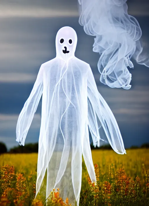 Prompt: photo of a highly detailed transparent ghost figure made of cloth and smoke stands in a field of flowers