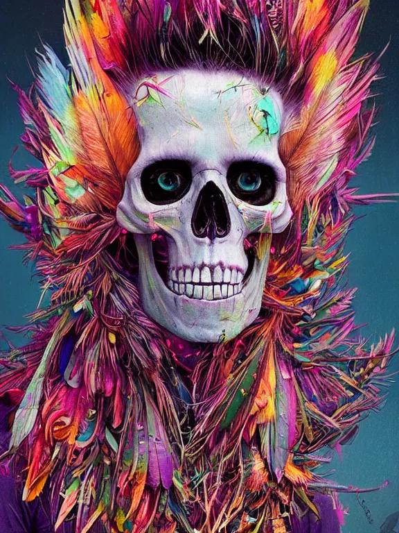 Image similar to art portrait of skeleton with colorful feathers exploding out of head,8k,by tristan eaton,Stanley Artgermm,Tom Bagshaw,Greg Rutkowski,Carne Griffiths,trending on DeviantArt,face enhance,hyper detailed,minimalist,full of colour