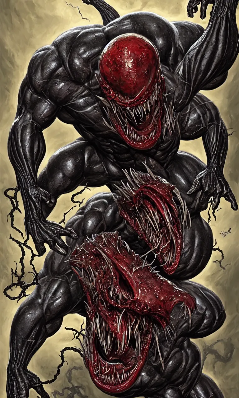 Image similar to hyper realist three quarter angle full body long shot of bodybuilder venom from marvel comics!!!!, large mouth with teeth, large tongue, lovecraftian horror!!, fantasy, intricate, elegant, highly detailed, digital painting, artstation, concept art, matte, sharp focus, illustration, art by glenn fabry and giger