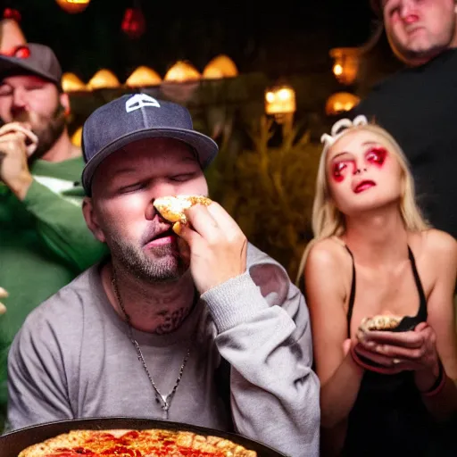 Image similar to fred durst puking on a pizza at a birthday party, woman looking disgusted in the background, 4 k,