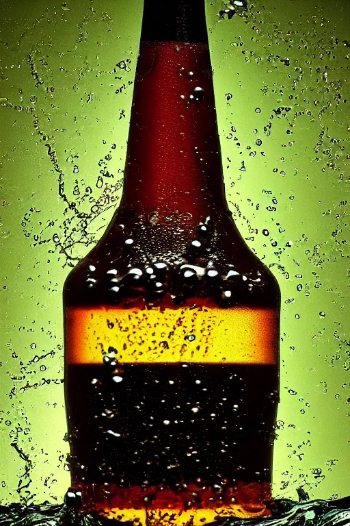 Image similar to a high detail photo of a full size bottle of beer, splashes of liquid, energetic, delicate by marcel christ