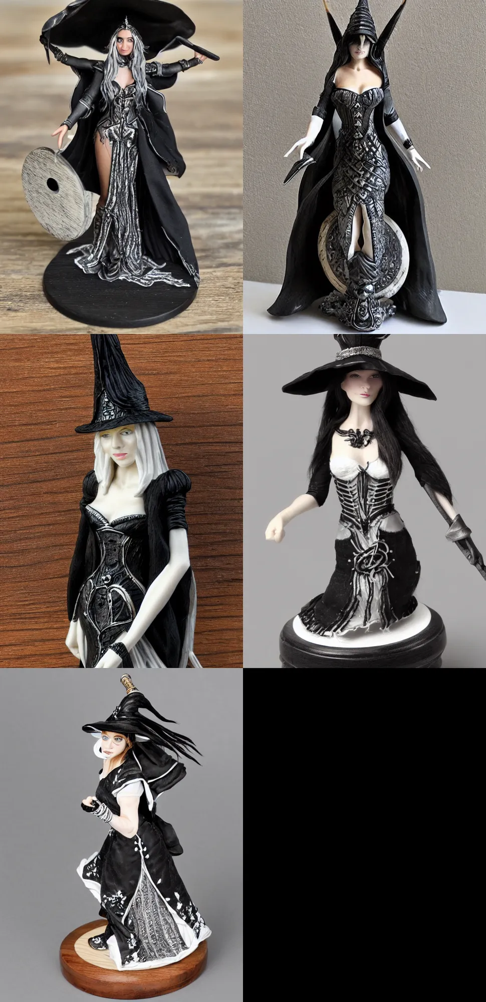 Prompt: Image on the store website, eBay, Detailed Miniature of a beautiful female sorceress, dress in black and gray and white, tricorn hat, stang on a wooden disk base