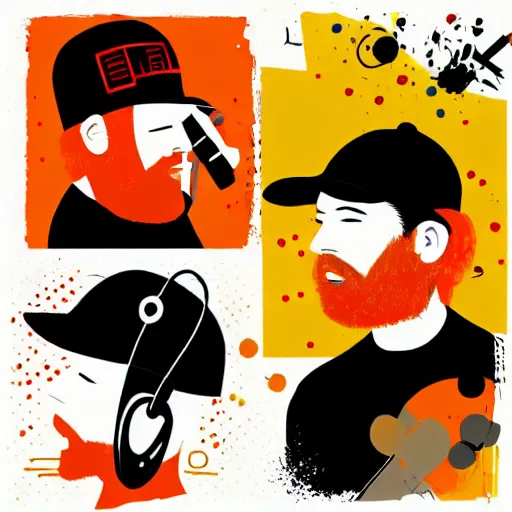 Image similar to streamer on twitch with black hat, stubble, ginger hair, orange hair, black cap, stubbles, red headphones, in the style of tatsuro kiuchi, art, abstract