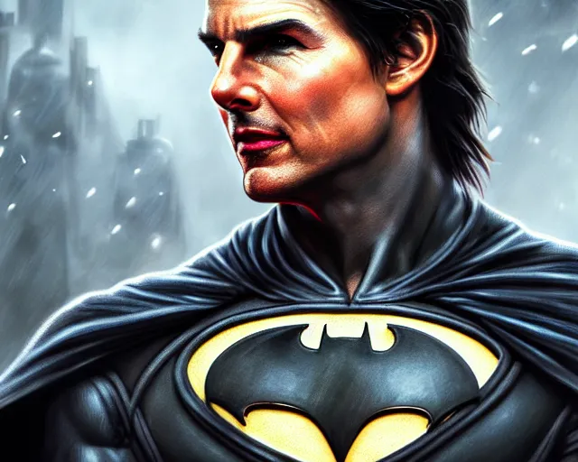 Image similar to photography of tom cruise as batman, deep focus, d & d, fantasy, intricate, elegant, highly detailed, digital painting, artstation, concept art, matte, sharp focus, illustration, hearthstone, art by artgerm and greg rutkowski and alphonse mucha