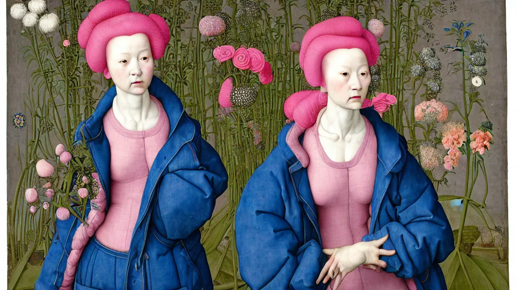 Image similar to portrait of a woman with pink hair buns, wearing a blue puffer jacket and baggy jeans, standing in a room full of plants and flowers, white background, intricate details, high detail, in the style of rogier van der weyden and jacopo da pontormo, punk, asian art,