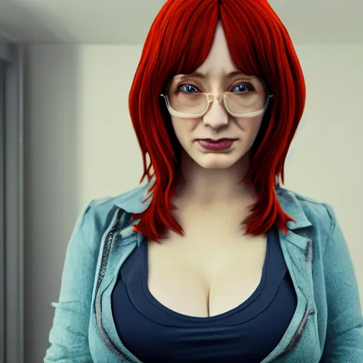 Image similar to christina hendricks as kaiji anime characters, 3 d render, blender,