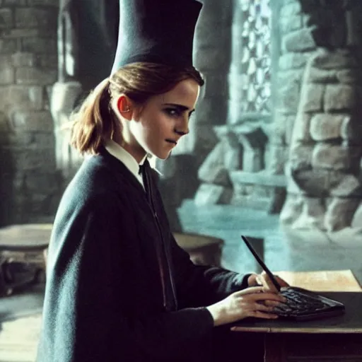 Image similar to Photo of Emma Watson using a computer next to Professor McGonagall in Hogwarts