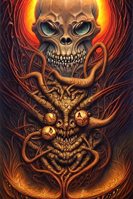 Image similar to A beautiful detailed grotesque monster super cute tarot card, by tomasz alen kopera and Justin Gerard, symmetrical features, ominous, magical realism, texture, intricate, ornate, royally decorated, skull, skeleton, whirling smoke, embers, red adornements, red torn fabric, radiant colors, fantasy, trending on artstation, volumetric lighting, micro details, 3d sculpture, ray tracing, 8k, anaglyph effect