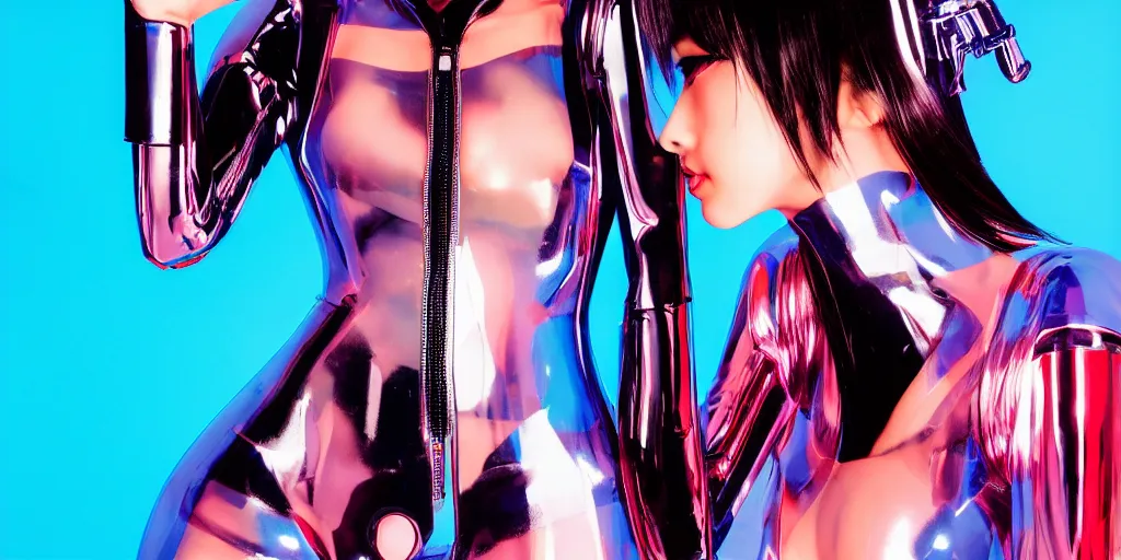 Image similar to a close - up risograph long shot of cyberpunk japanese model girl with black eyes and pretty face wearing latex catsuit and lots of transparent and cellophane accessories, blue hour, twilight, cool, portrait, kodachrome, iso 1 2 0 0, style by moebius