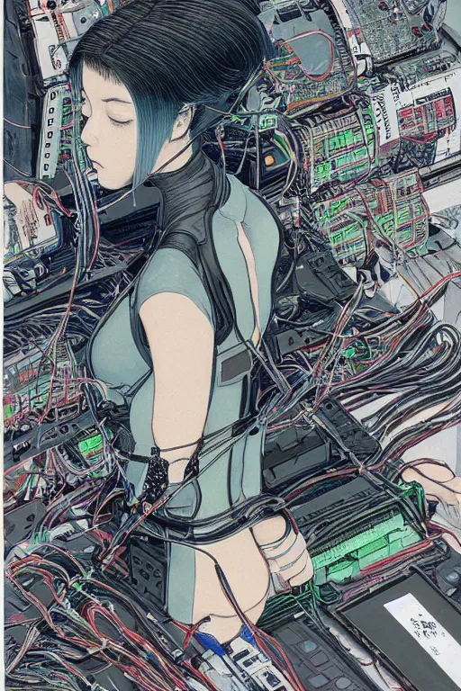 Prompt: an hyper-detailed cyberpunk illustration of a bob haircut female android seated on the floor in a tech labor, seen from the side with her body open showing cables and wires coming out, by masamune shirow, and katsuhiro otomo, japan, 1980s, centered, colorful