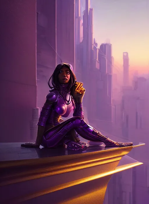 Image similar to young woman sits on the edge of the roof : : purple - gold streets cyberpunk : : weta disney pixar movie still photo : : decadent highly - detailed digital painting, heroic pose, full length shot, golden ratio, octane render, artstation, smooth, sharp focus, artgerm, mucha, loish, wlop, gogo