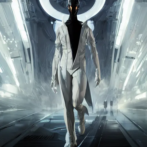 Image similar to full body portrait of a character in futuristic sleek clothes, in a flowing white tailcoat, wearing a white insectoid mask with many lenses for eyes, many eyes, dramatic lighting, illustration by Greg rutkowski, yoji shinkawa, 4k, digital art, concept art, trending on artstation