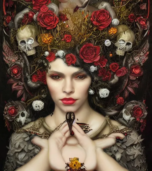 Prompt: portrait of the supreme queen of the blood cult, surrounded by skulls and overgrowth and dark flowers by karol bak, James Jean, tom bagshaw, rococo, trending on artstation, fantasy magic, fashion girl cinematic lighting, hyper realism, octane render, 8k, hyper detailed.