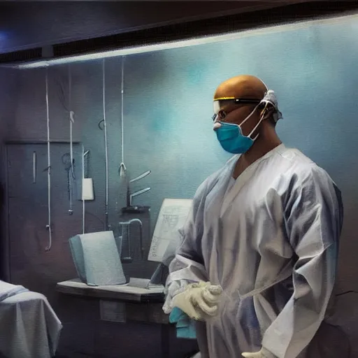 Prompt: A mixed media painting of a surgeon standing in an operating room, surrounded by new technology, infused with lightning, very aesthetic, curvy, surgical mask covering face, surgical gown and scrubs on, by Frank Frazetta, Greg Rutkowski, Boris Vallejo, Beeple, Yoko Taro, Christian MacNevin, CGsociety, full length, exquisite detail, post-processing, masterpiece, cinematic