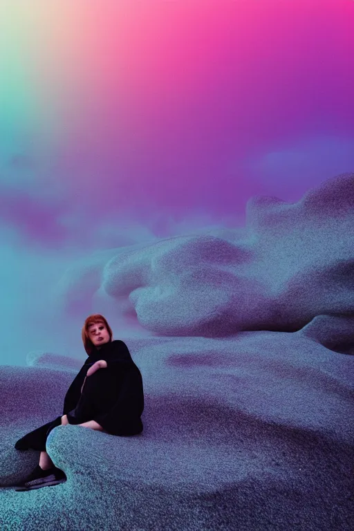 Image similar to high quality pastel coloured film close up wide angle photograph of a model wearing clothing resting on cloud furniture in a icelandic black rock environment in a partially haze filled dreamstate world. three point light, rainbow. photographic production. art directed. pastel colours. volumetric clouds. pastel gradient overlay. waves glitch artefacts. extreme facial clarity. 8 k. filmic.