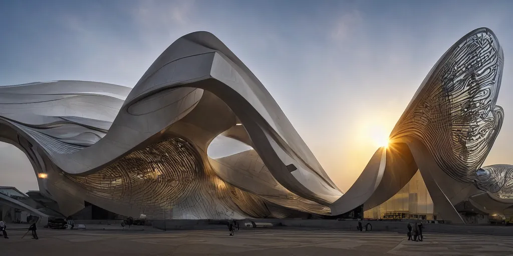 Image similar to extremely detailed ornate stunning sophisticated beautiful elegant futuristic museum exterior by Zaha Hadid, stunning volumetric light, sunset, concrete ant translucent material, stunning skies, 8k dragonfly structural pattern