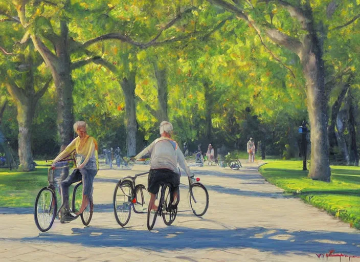 Prompt: a couple on bicycles in the park painting by Viktor Tsvetkov