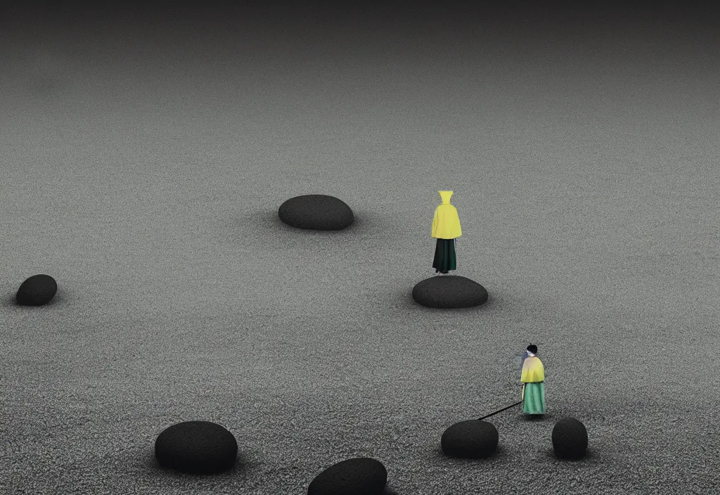 Prompt: a lone priest raking stones in a zen garden kyoto, japan, a collage painting, in the style of wes anderson, lola dupre, david hockney, isolated on negative white space background dark monochrome fluorescent neon spraypaint accents volumetric octane render