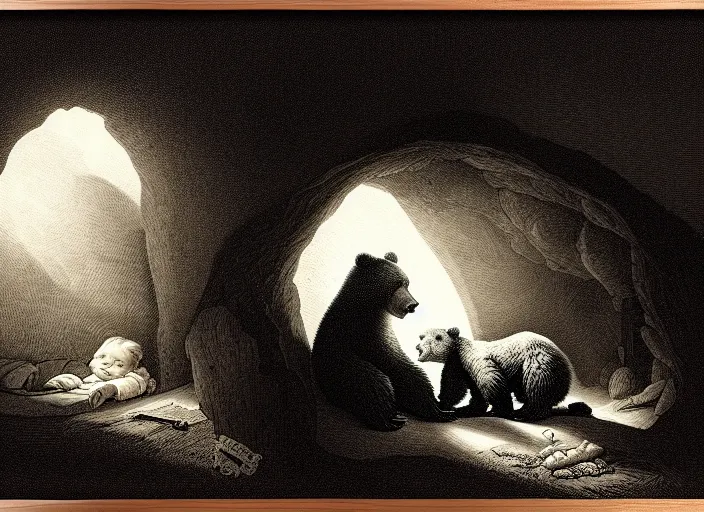 Image similar to Pieter Claesz's 'a bear and her cub sleeping in a dark cave, lit by hole in roof', night time, cross hatching, backlit, beautiful wooden frame, monochrome, colours of the sunset