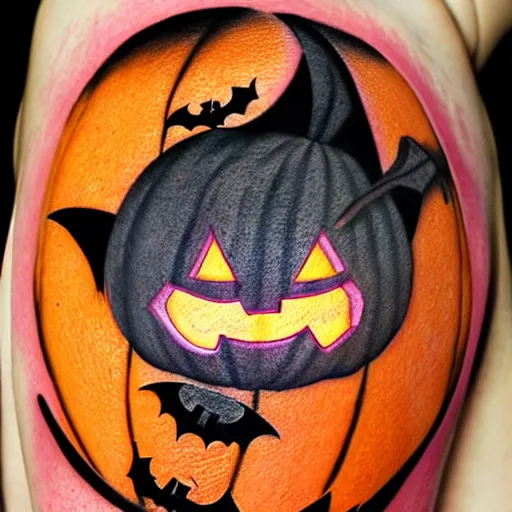 Image similar to cartoon tattoo of a halloween pumpkin with glowing eyes on shoulder with light shading in the background, night time scene in graveyard with full moon and bats flying, mist