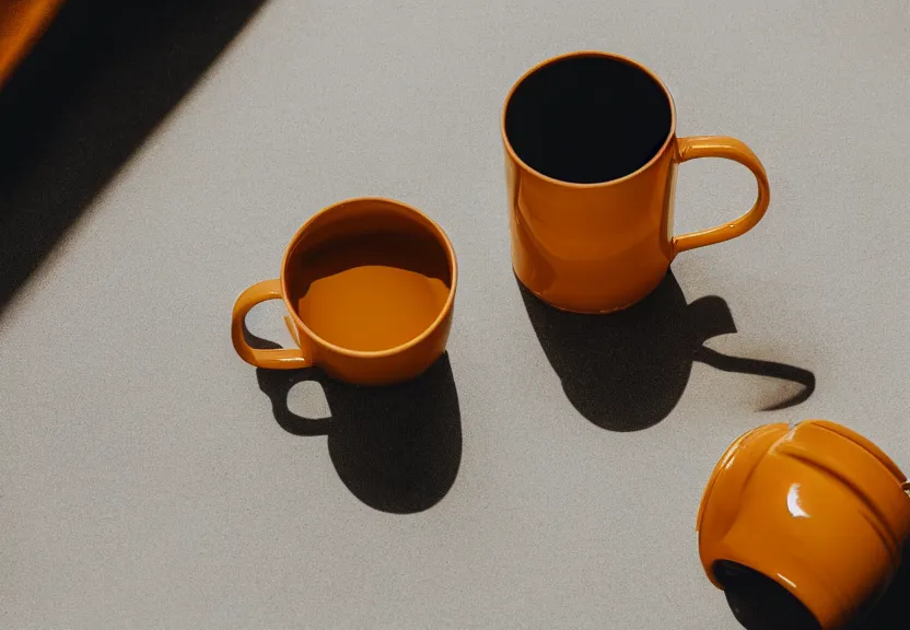 Prompt: a product photography photo of a glossy porcelain mug that looks like the head of a lion, centered in frame. The mug is glazed in shades of ochre yellow and orange, studio lighting, on a cement table