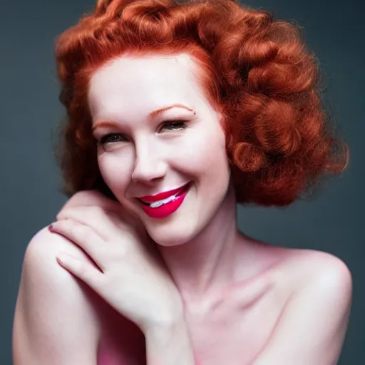 Image similar to tall, lithe woman, soft red hair, fair skin, normal rockwell, 1 9 4 0's, liberty curls, flushed cheeks, pink lips, beautiful smile, full body portrait, posing