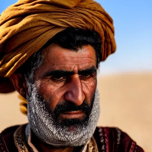 Image similar to Close up of a Kurdish shepherd wearing traditional Kurdish clothes in a movie directed by Christopher Nolan, movie still frame, promotional image, imax 70 mm footage