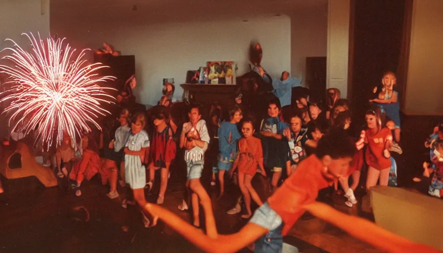 Image similar to 1990s candid 35mm photo of a beautiful day in the living room, cinematic lighting, cinematic look, golden hour, a miniature amusement park in the living room is setting off fireworks, kids dance and point at the fire works, small mascots run around the room, UHD