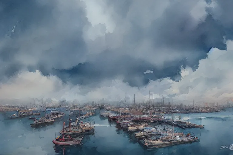 Prompt: An harbor in the clouds by Nick Runge, watercolor, hyper detailed, artstation