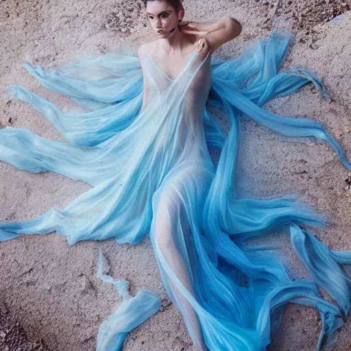 Prompt: a fashion photo, a representation of water, in a flowing gown, aquamarine, sheer, luminous, iridescent, wildlife, jovana rikalo