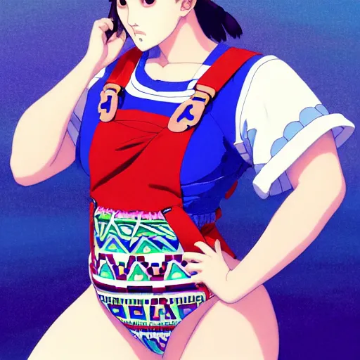 Image similar to a beautiful plus sized model japanese natalie portman, alluring plus sized model, wearing mayan leotard with overalls, street fashion hip hop style with mayan patterns, aztec street fashion, gapmoe yandere grimdark, trending on pixiv fanbox, painted by greg rutkowski makoto shinkai takashi takeuchi studio ghibli, akihiko yoshida