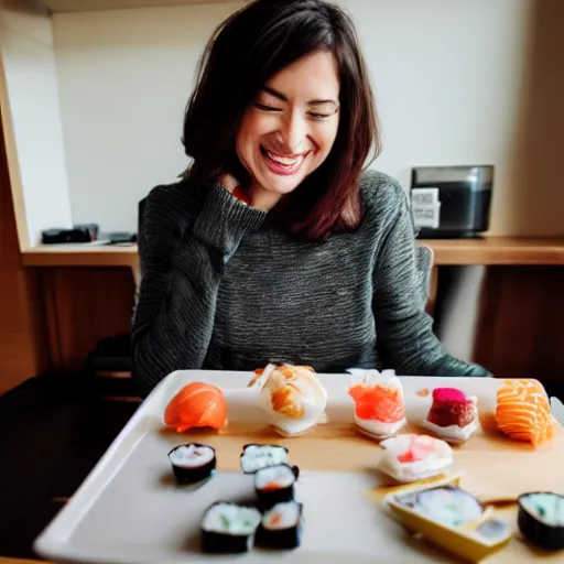 Prompt: woman eating sushi and enjoying it