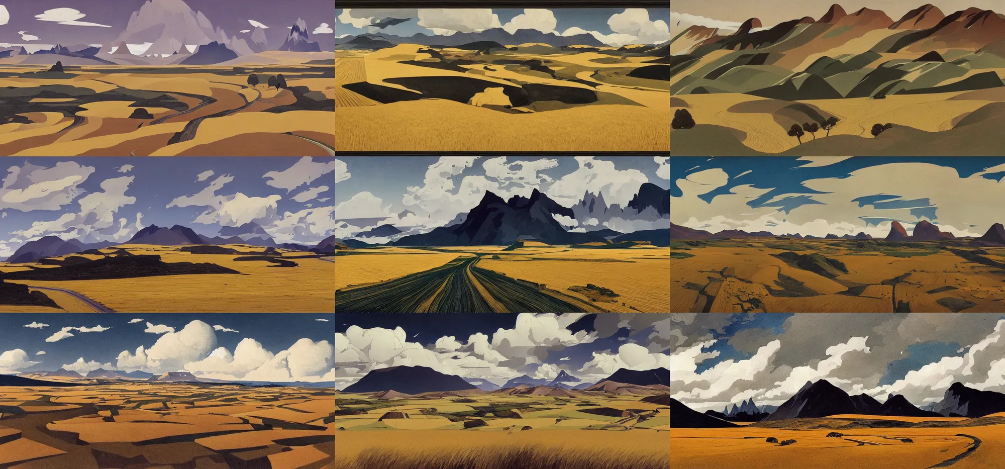 Prompt: painting of landscape of patagonia, hurricane, road between hills, thunder clouds simple brutal shapes, wheat fields, forests, pastoral, from a bird's eye view, unsaturated and dark atmosphere, artwork by georgy nissky and alfred joseph casson and isaac levitan