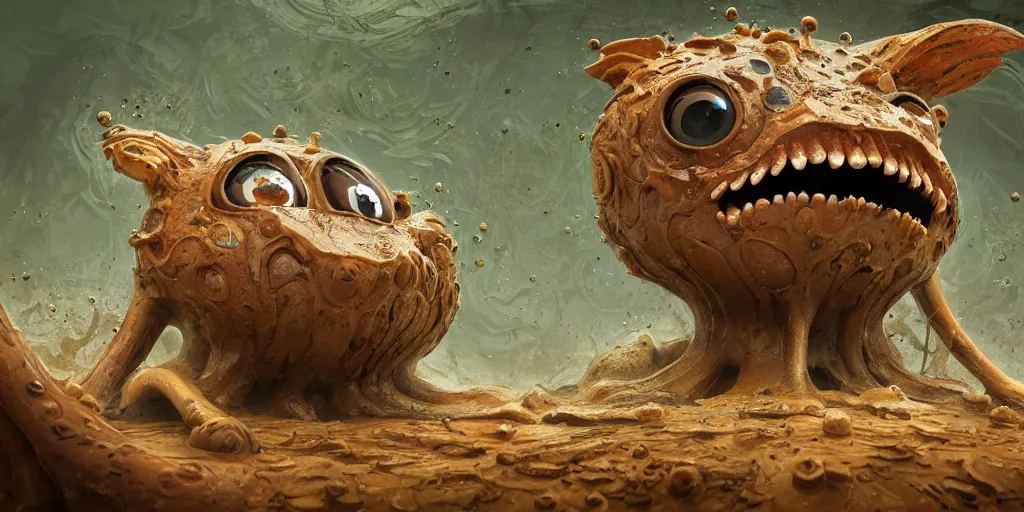 Image similar to of an intricate muddy water with strange cute friendly happy creatures with huge eyes, long tongue, round teeth and goofy funny face, appearing from the background, in the style of gehry and gaudi, macro lens, shallow depth of field, ultra detailed, digital painting, trending artstation, concept art, illustration, cinematic lighting, photorealism, epic, octane render