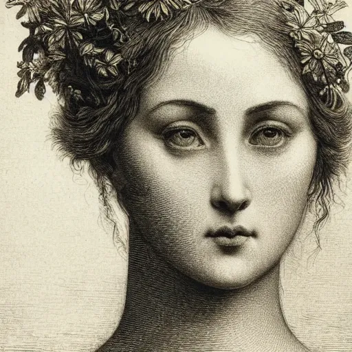 Prompt: extreme close-up, portrait of a beautiful french woman with flower in head, Gustave Dore lithography