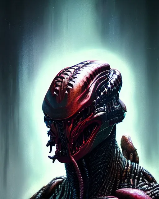 Image similar to a portrait of the predator fantasy character portrait, ultra realistic, cinematic, concept art, wide angle, intricate details, hologram, highly detailed by greg rutkowski, wayne barlowe,