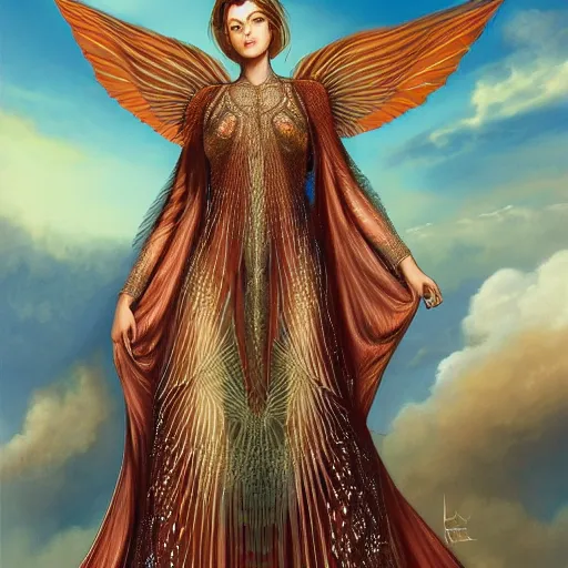 Image similar to a beautiful symmetrical plus size woman full body wearing algerian kaftan with translucent wings by alex gray and android jones , Karol Bak, Ayami Kojima, Amano , concept art, character design, fantasy,3D, 8k resolution