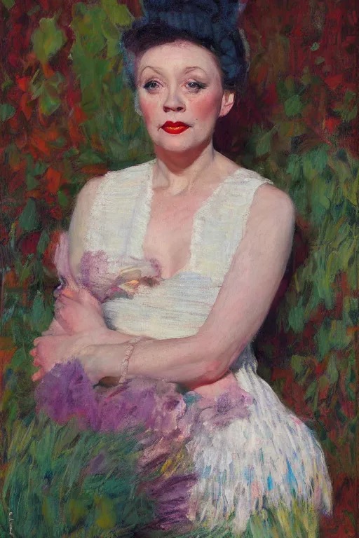 Prompt: painterly portrait, amanda blake as miss kitty by Solomon Joseph Solomon and Richard Schmid and Jeremy Lipking and chuck close