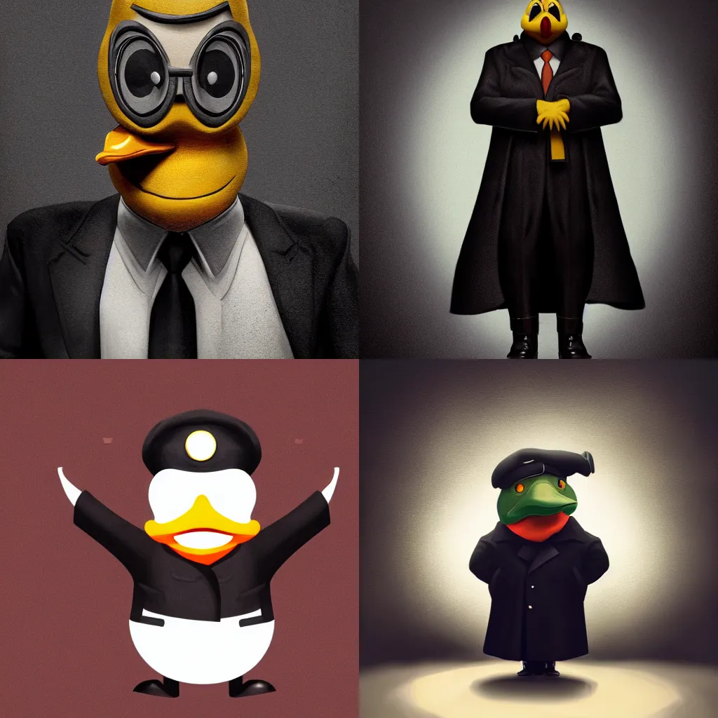 Prompt: portrait painting of anthropomorphic duck dictator wearing a black trench coat grinning menacingly with his eyes closed and arms raised, dark background, dramatic lighting, concept art, highly detailed, illustration, cinematic, octane render