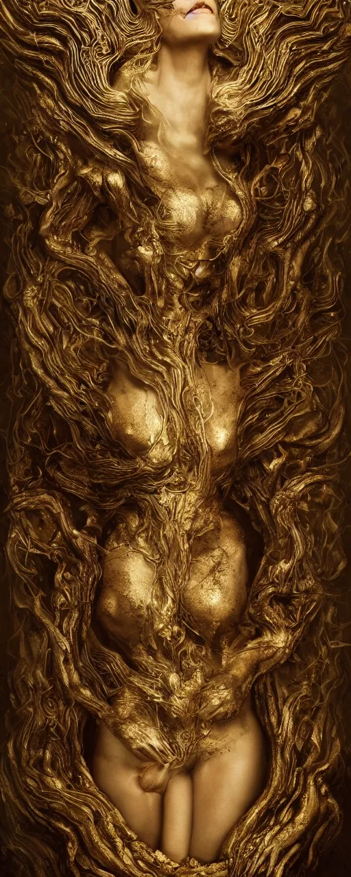 Image similar to portrait of a surreal goddess floating in the middle of a ancient wood, gold fluid simulation in the background, ultra super good realistic 3D render by Pete Morbacher and Emil Melmoth, insanely detailed, trending on artstation, sharp focus